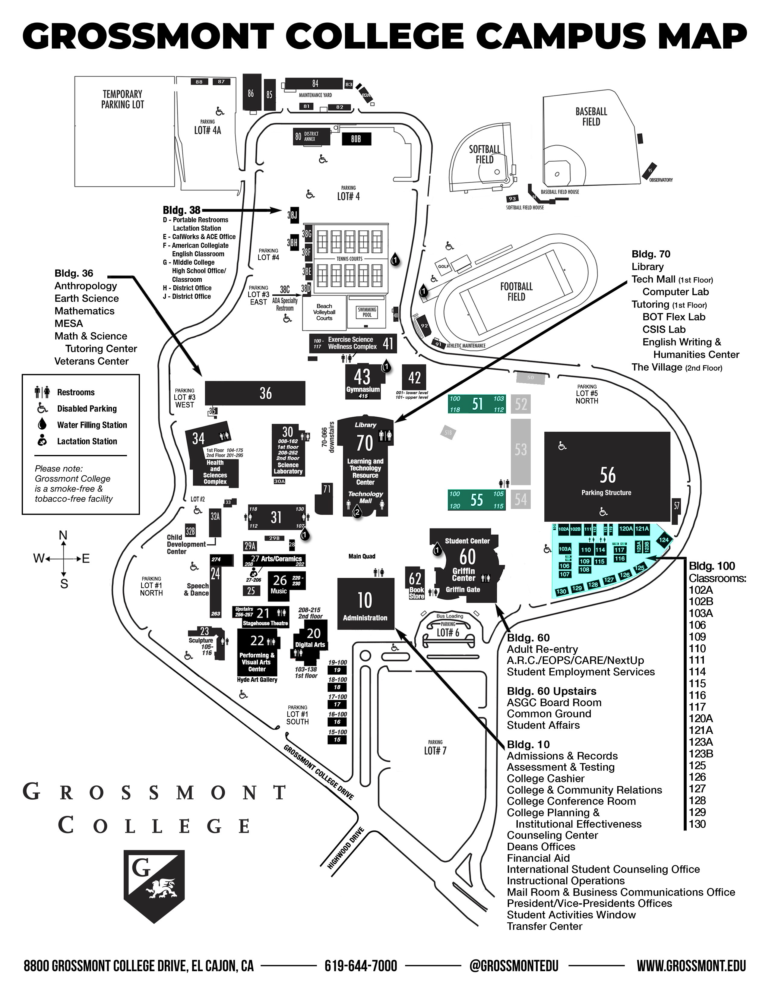 Grossmont College Campus Map a black and white map of campus buildings with blue-green areas to locate English Department facilities