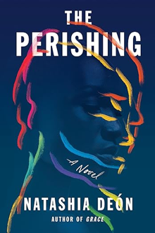 A dark blue book cover for The Perishing, by Natashia Deon, with a person’s profile