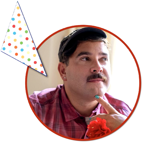 Sam Sax The author, sam sax, with a mustache and a red flower