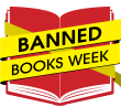 a logo of a red book wrapped in yellow caution tape that reads "Banned Books Week"