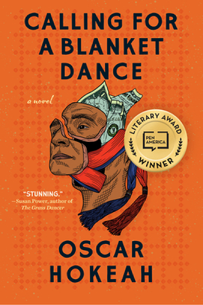 Calling for a Blanket Dance. by Oscar Hokeah an orange book cover for “Calling for a Blanket Dance” by Oscar Hokeah, with a stylized human profile