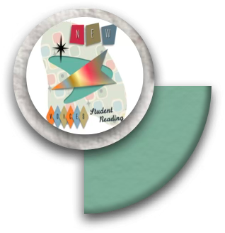 A program cover for the  New Voices student reading with a colorful mid-century retro design.