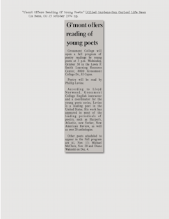“G’mont Offers Reading Of Young Poets.” [Allied Gardens-San Carlos] Life News (La Mesa, CA) 23 October 1974: np.