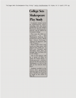 “College Sets Shakespeare Play Study.” Daily Californian (El Cajon, CA) 15 April 1975: np.