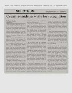 Martin, Lynn. “Creative Students Write For Recognition.” Spectrum. The G 21 September 1988: 5.