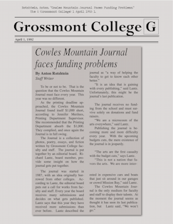 Rotshtein, Anton. “Cowles Mountain Journal Faces Funding Problems.” The G (Grossmont College) 1 April 1992: 1.