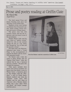 Dix, Cheryl. “Prose and Poetry Reading At Griffin Gate.” Spectrum. The Summit (Grossmont College) 6 May 1992: 6.