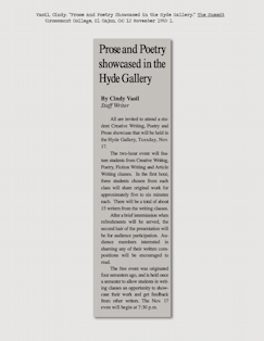 Vasil, Cindy. “Prose and Poetry Showcased in the Hyde Gallery.” The Summit (Grossmont College, El Cajon, CA) 12 November 1992: 1.