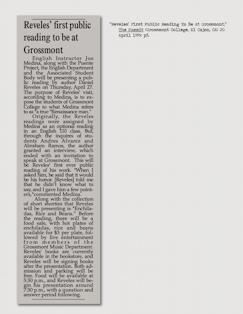 “Reveles’ First Public Reading To Be At Grossmont.” The Summit (Grossmont College, El Cajon, CA) 20 April 1995: p3.