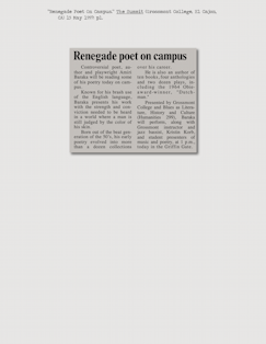 “Renegade Poet On Campus.” The Summit (Grossmont College, El Cajon, CA) 15 May 1997: p1.