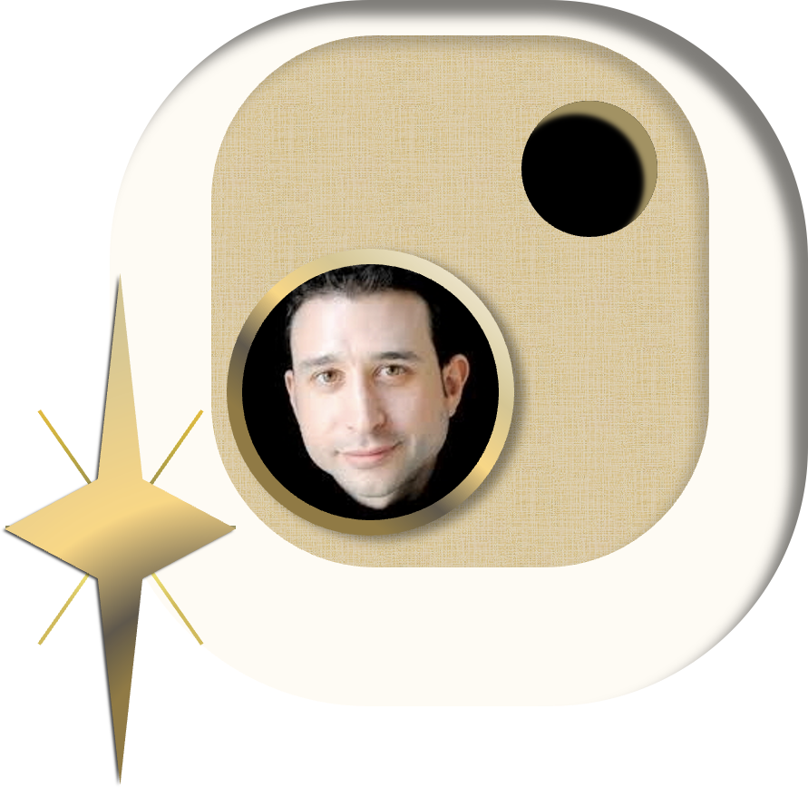 a gold star beside a face, Jason Schneiderman, in a gold circle