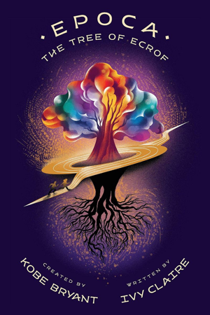 An abstract book cover, Epoca: The Tree of Ecrof, by Ivy Pochoda, with a tree whose upper half is colorful and its lower half a system of exposed roots