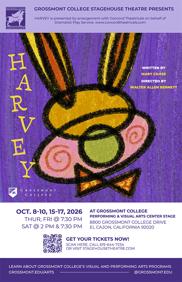 Harvey poster Purple poster with an abstract line drawing of a rabbit. The title, Harvey, is running vertically on the left side.