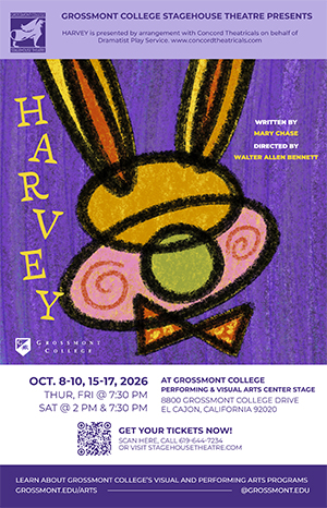 Purple poster with line drawing of a rabbit. The title Harvey is vertical on the left side