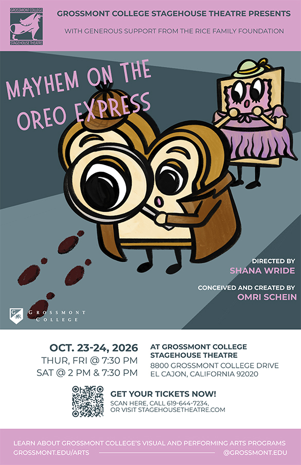 Mayhem on the Oreo Express poster A cartoon brioshe toast detective with a magnifying glass, and a poptart sidekick are looking at footprints on the ground.