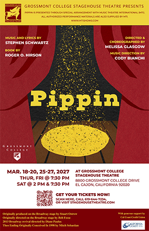 Red stage curtains are open to show a stage. There is a spotlight beam with confetti that creates a circle on the stagefloor. The title, Pippin, is in the center of the curtain opening.