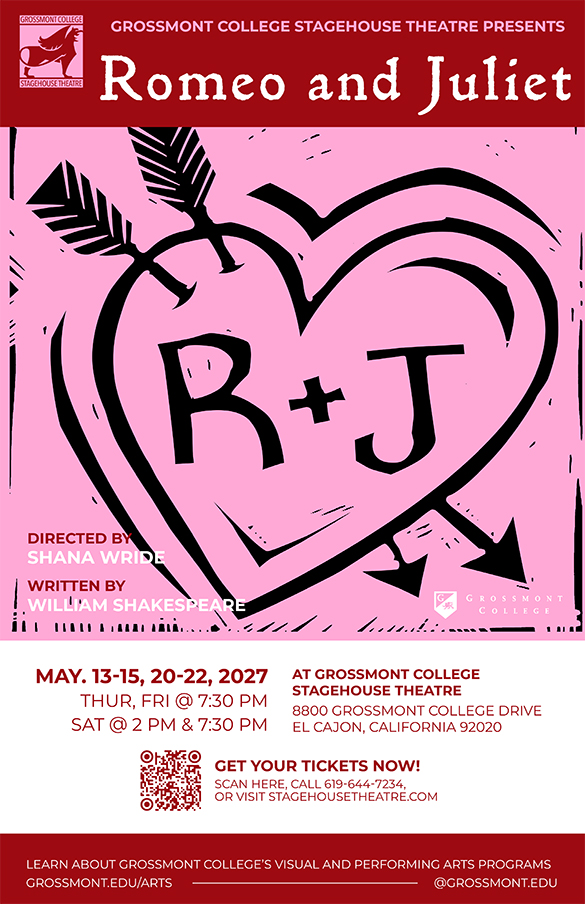Romeo and Juliet poster Pink poster with a wood carving of a heart. Inside are the initials R & J. There are two arrows peircing the heart from top left to lower right.