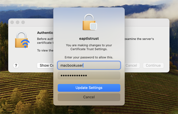 macOS Wi-Fi certificate dialog macOS Wi-Fi certificate dialog