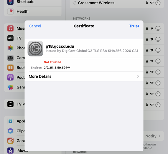 iOS Wi-Fi certificate dialog iOS Wi-Fi certificate dialog